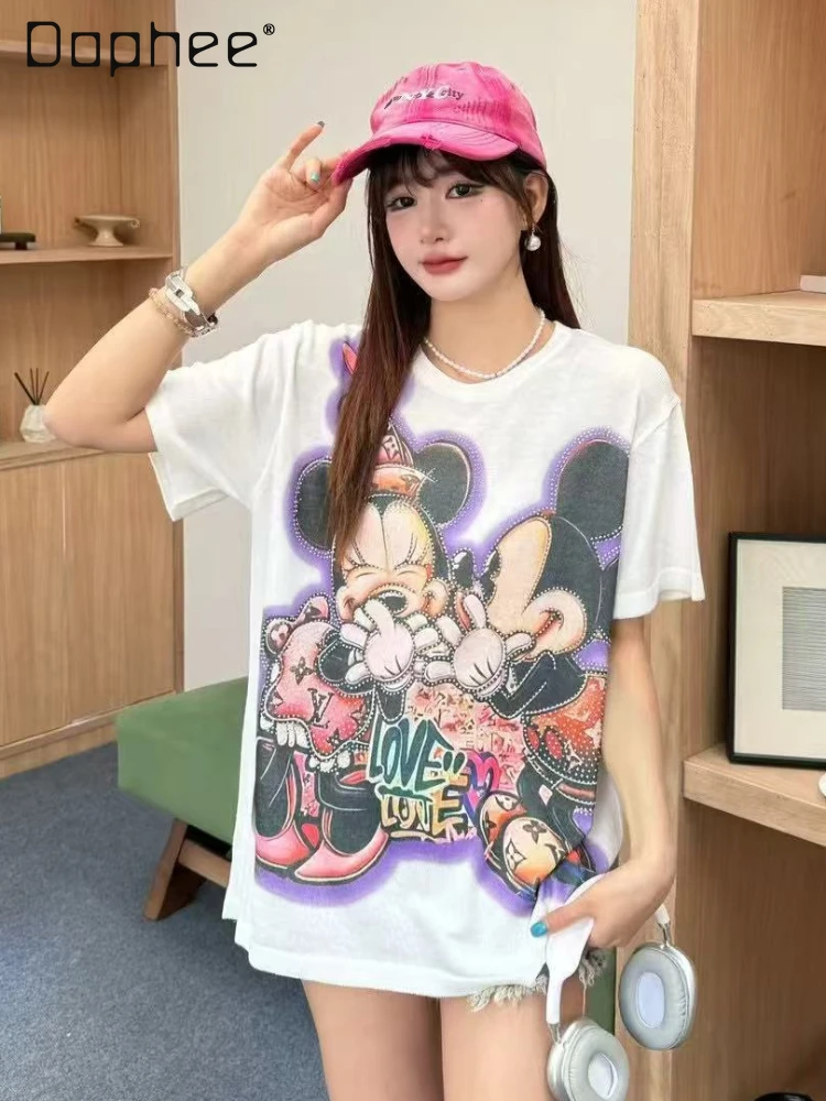 

Ice Silk Cotton Heavy Industry Printing Cartoon Round Neck Short Sleeve Knitted T-shirt Women's Loose Casual Versatile Top Tide