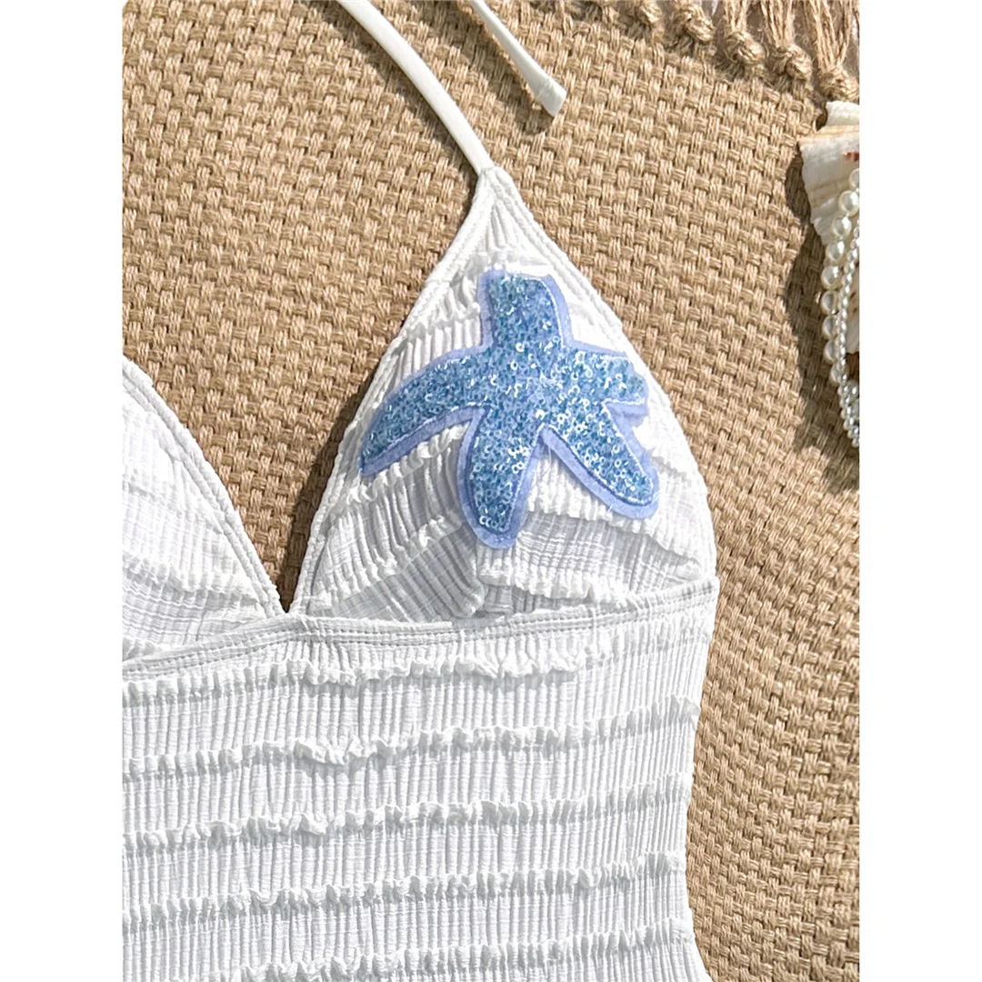 Neuer einteiliger Badeanzug mit V-Ausschnitt und Neckholder, bedruckt mit Seesternmotiv, Damen-Badebekleidung, Damen-Badeanzug mit gerafftem, hoch geschnittenem Beinausschnitt, Badeanzug, Modell V8431. – Detail 7