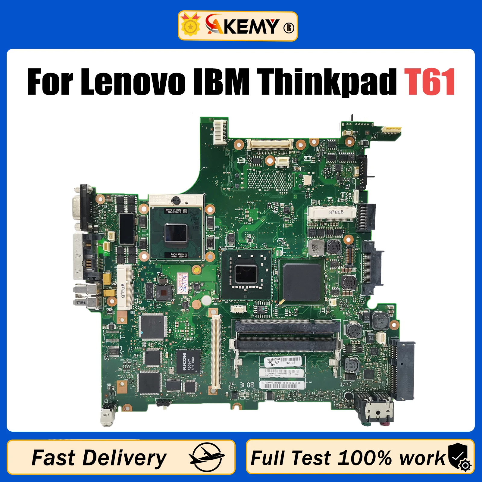 

Материнская плата AKEMY 42W7876 44C3928 для ноутбука Lenovo IBM Thinkpad T61 T61P, 965PM DDR2, 15,4 дюйма, 100% протестирована полностью