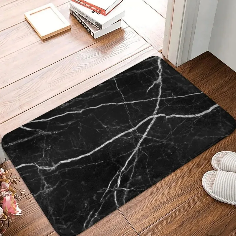 Black Marble Textured Pattern Door Mat 100% Polyester Anti Slip Kitchen Entrance Bathroom Carpet Bedroom Decoration Washable Rug