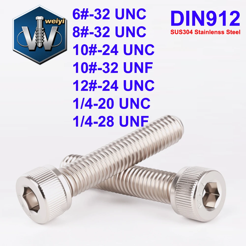 Weiyi DIN912 6#-12# 1/4'' UNC UNF SUS304 A2 Stainless Steel Hex Socket Knurled Cap Head Bolts Allen Key Screws Full Threaded