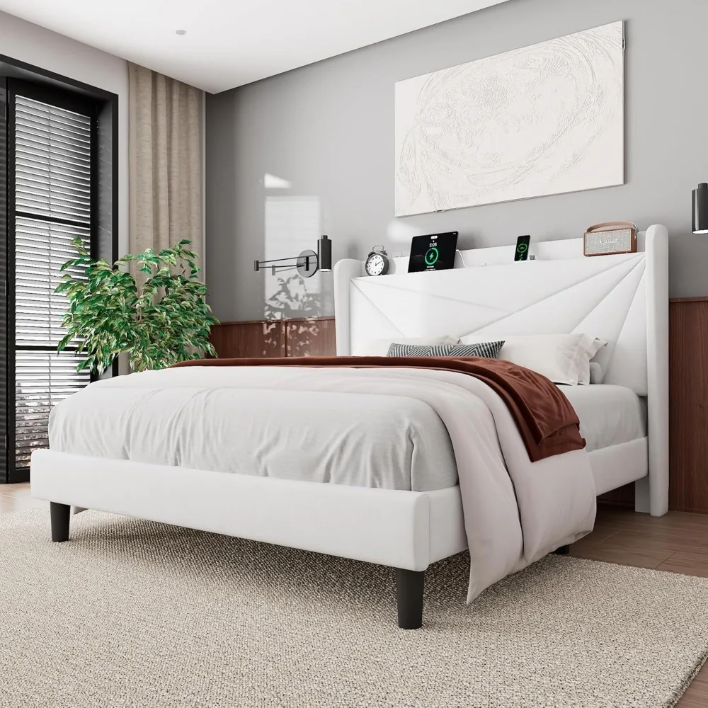 سرير بمنصة كوين مغطاة بالمخمل مع لوح أمامي وتخزين بأجنحة، بما في ذلك محطة شحن #3