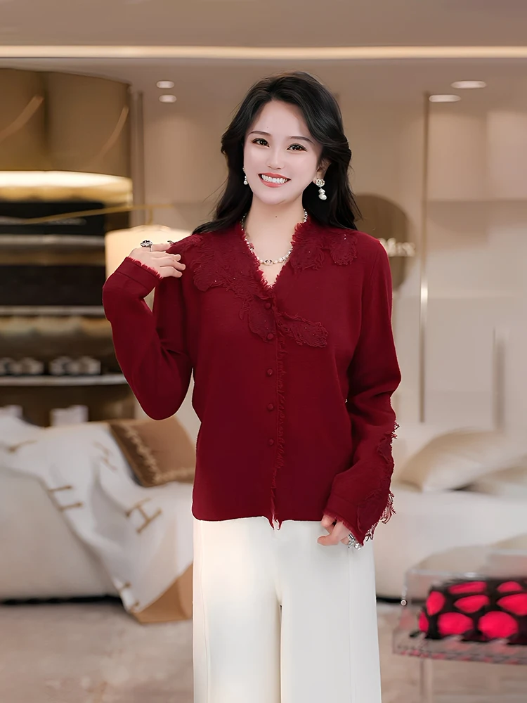 

Женский вязаный шерстяной свитер Romantic Utopia с V-образным вырезом и кружевной подкладкой, весна-осень, длинный рукав, мягкий, удобный, теплый кардиган