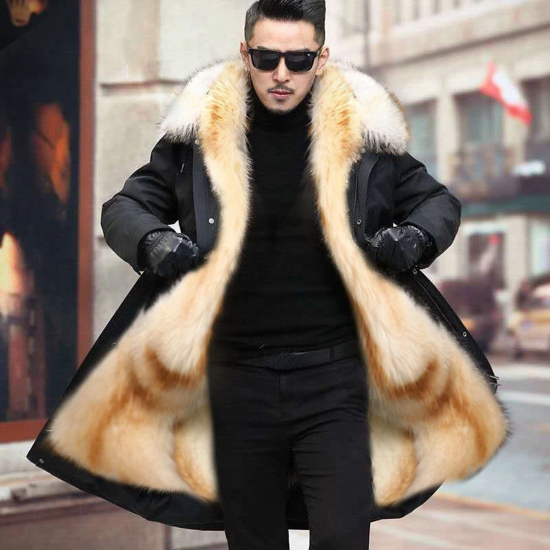 Faux Fur Coat Loose OverCoat Thick Warm Men Plush Coats Fox Hair Inner Liner Detachable Collar Long Fur Parkas Fur Jacket