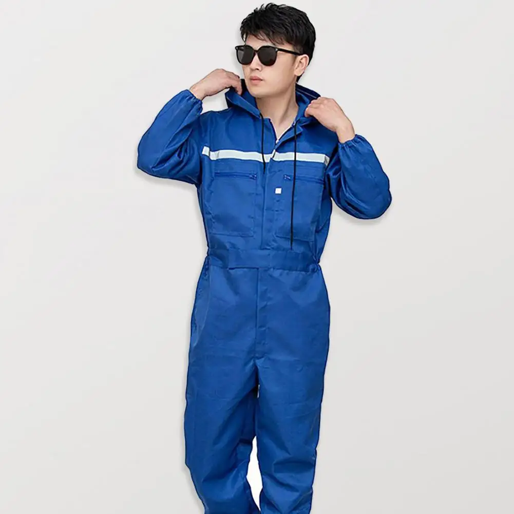 ทํางาน Overalls Hooded Drawstring กระเป๋าซิปสะท้อนแสงหลวมความปลอดภัย Worker Coveralls Mechcanic Jumpsuit ชุดทํางานอัตโนมัติ