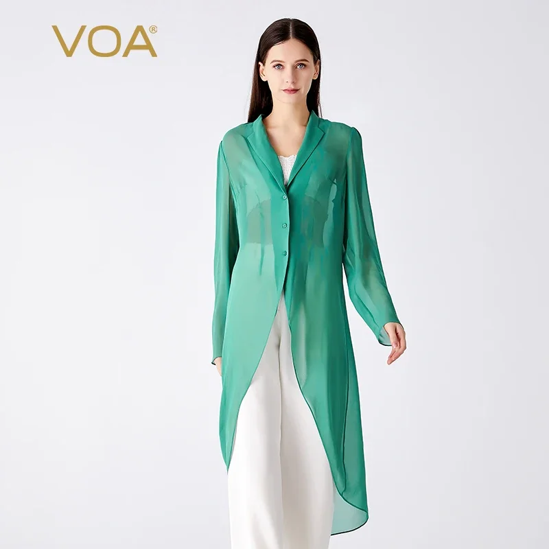 VOA Pure Silk Georgette Green V-neck Long Sleeve Single Breasted Straight Jacket Loose and Versatile Silk Trench Coat FE379