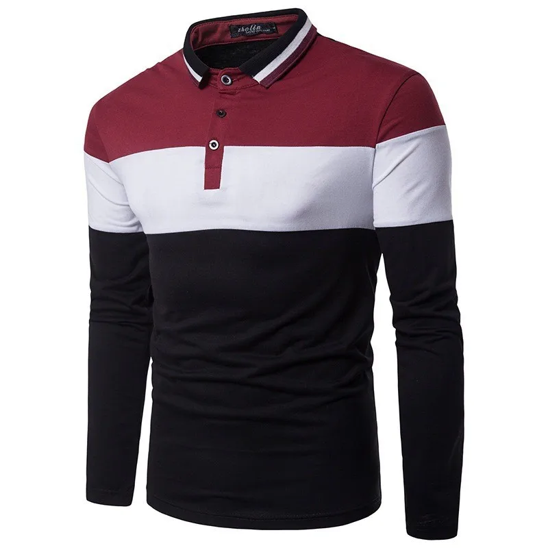Spring Men's Fashion Color Matching Neckline Long-sleeved T-shirt Men's Casual Lapel Polo Shirt