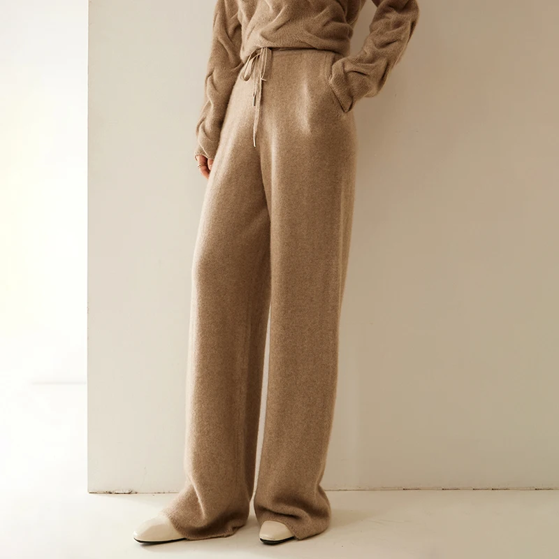 New High-end 100% Cashmere Women Cashmere Waist Drawstring Plane Wide Leg Pants  Autumn Winter Knitwear Thick Soft Warm Pants