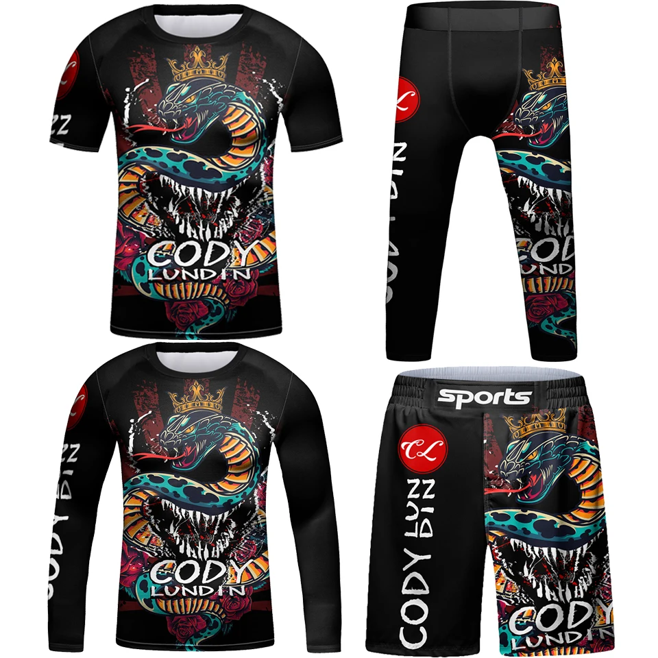 Nowy Jiu Jitsu t-shirt + spodnie Rashguard MMA dla dzieci 4 sztuk/zestaw Bjj koszulki bokserskie sportowe rajstopy uciskowe spodenki Muay Thai