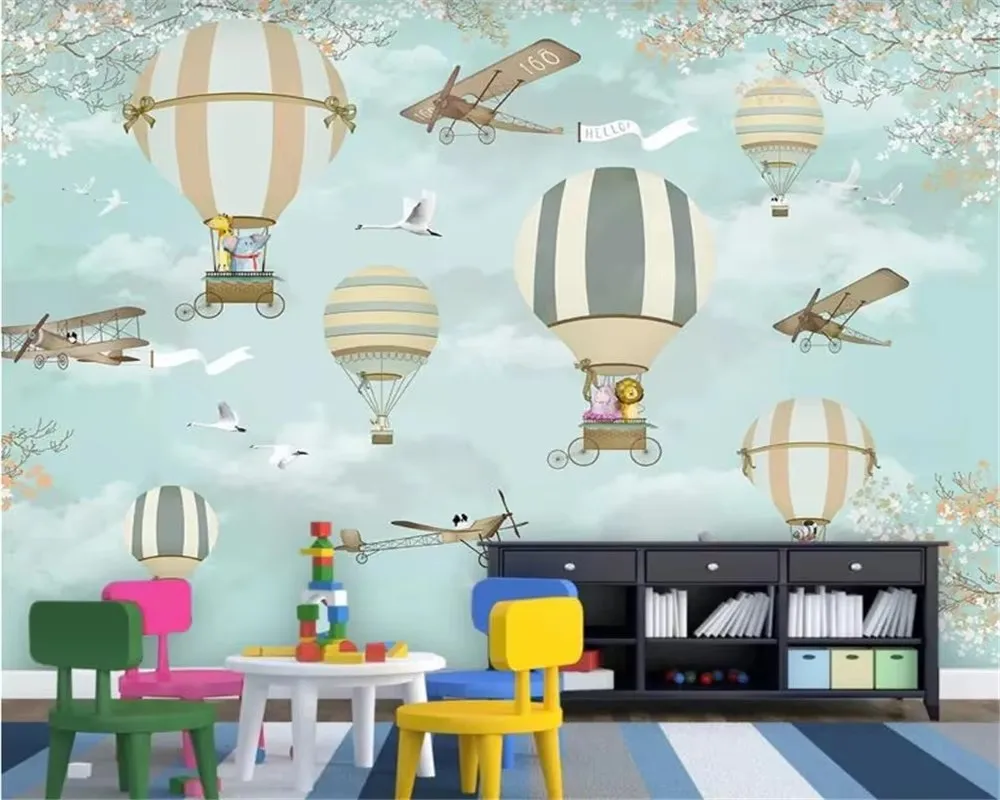 Custom wallpaper hand-painted Nordic hot air balloon cartoon small animal children's room indoor background wall 3d wallpaper