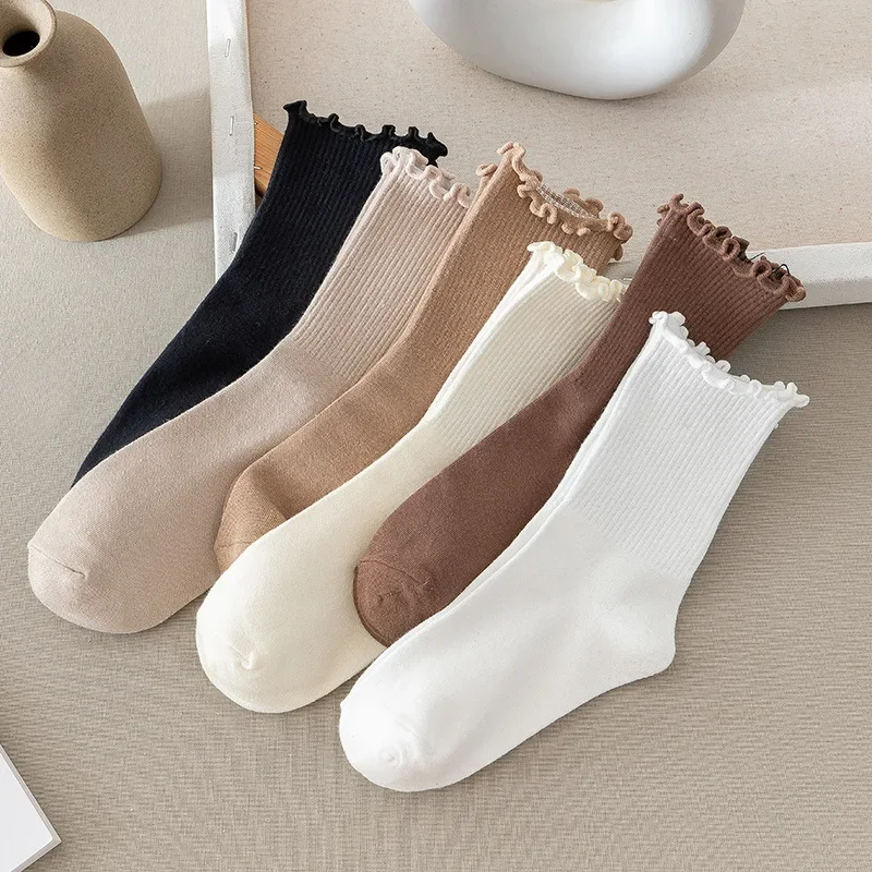 

New Women's Socks Spring Summer Japanese Style Breathable Girls Kawaii Mid-tube Socks Solid Color Ruffled Frilly Casual Socks