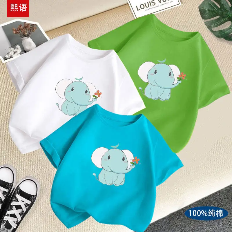 Cute Elephant Print Children's T-shirt Summer New Personalized Parent-child Outfit Fashionable Round Neck Casual T-shirt