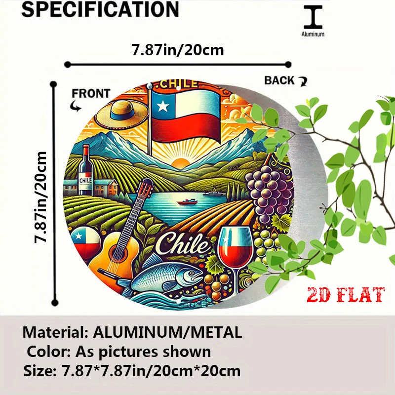 2D Flat, 1pc Chile-Themed Round Metal Wall Art - Chilean Flag, Map & National Symbols (Concho, Wine, Sheep)
