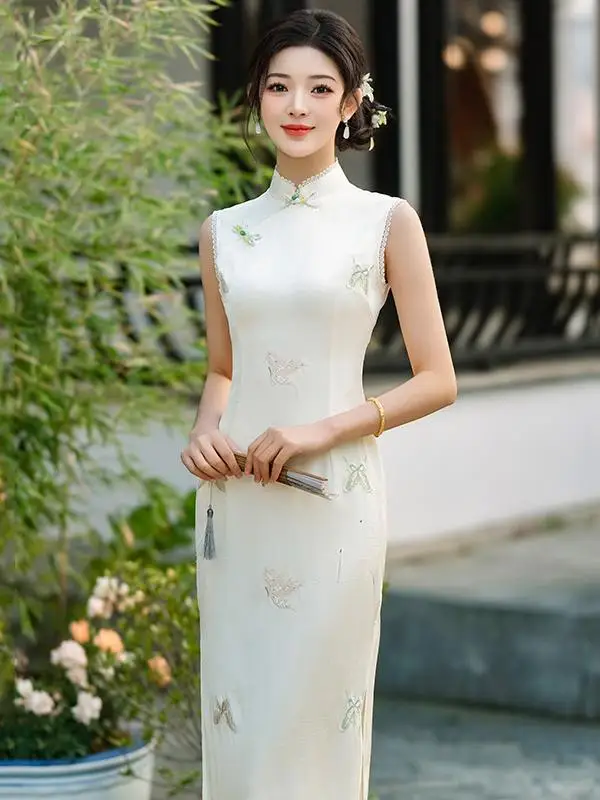 

Элегантное вышитое длинное вечернее платье в китайском стиле с низким разрезом, для повседневной носки, из смесового полиэстера и спандекса