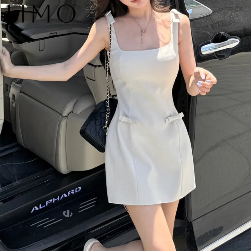 

LIMO Elegant Sleeveless Vest Party Dress Bow Fitted Chic Spring Summer 2025 Casual Solid Color Fashion Designer High Quality