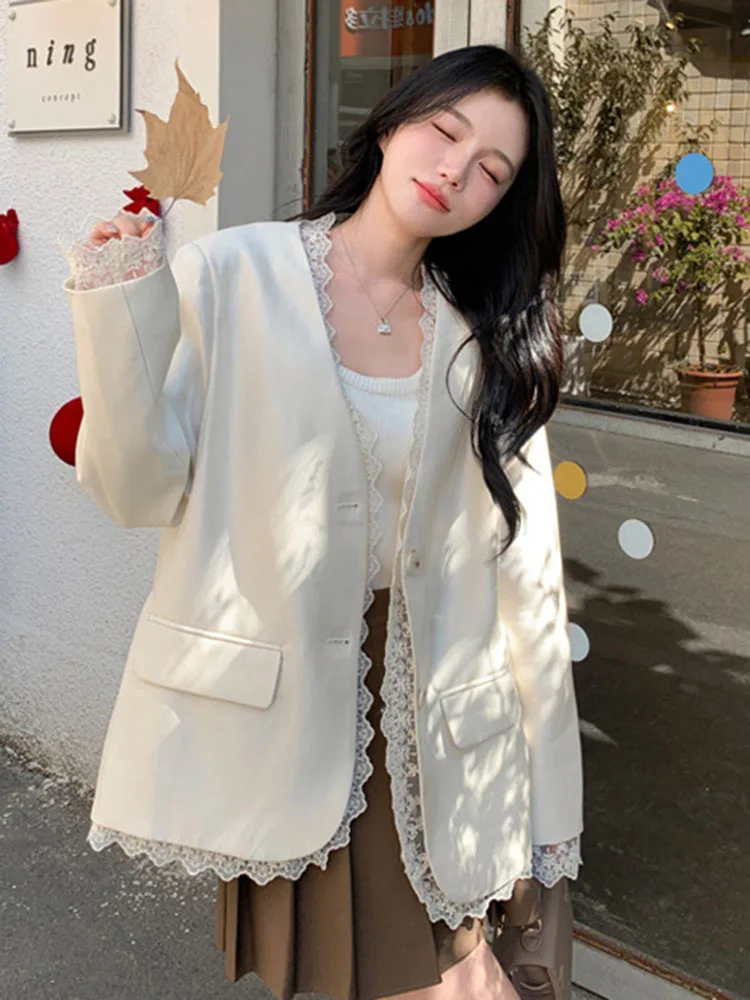 Chaqueta de traje de retazos de encaje, abrigo informal holgado para mujer, Chaquetas de oficina, moda coreana, Chaquetas holgadas empalmadas con cuello en V, Casaco