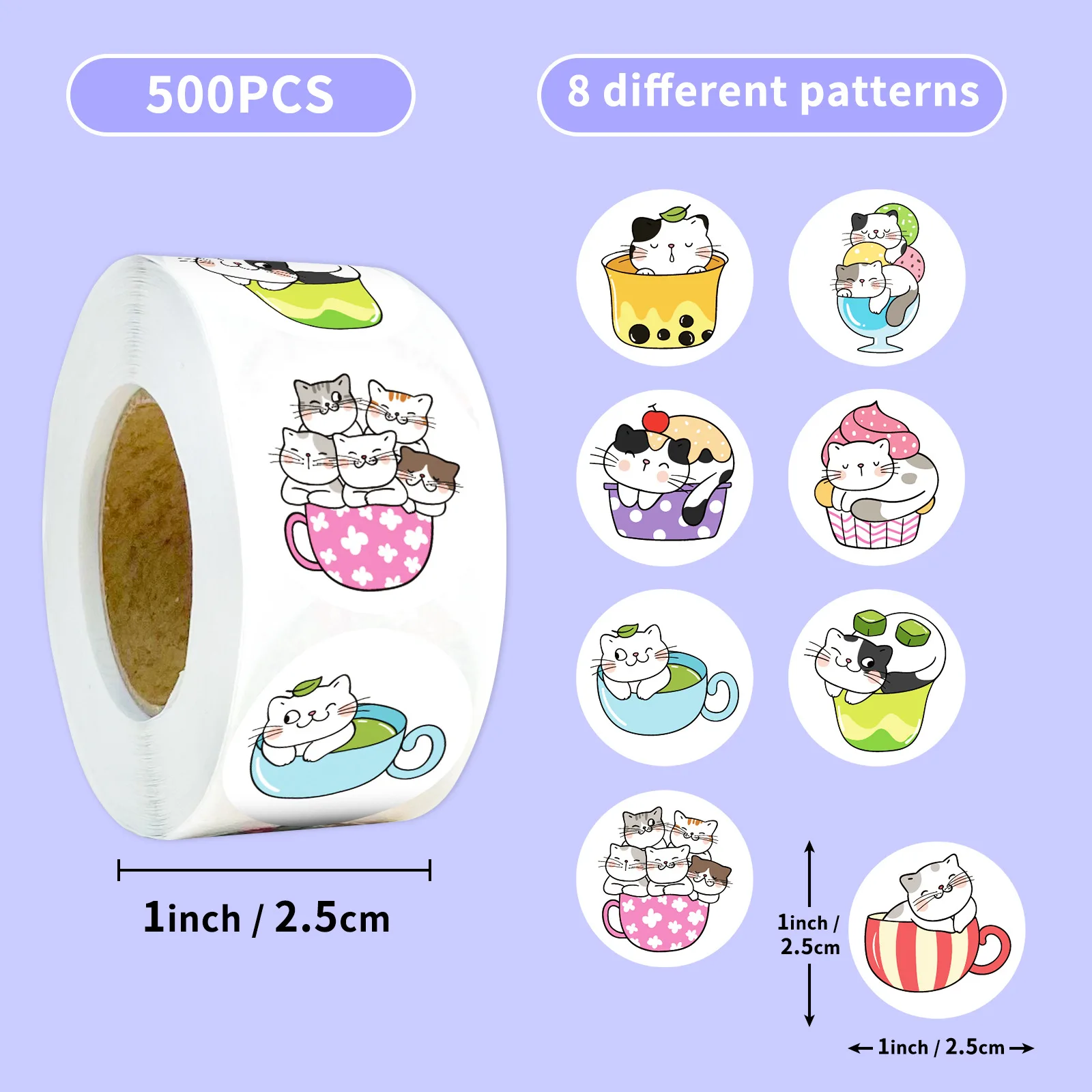 500 hojas / rollo de linda taza de dibujos animados CAT Kids roll Food Packaging Selling sticker