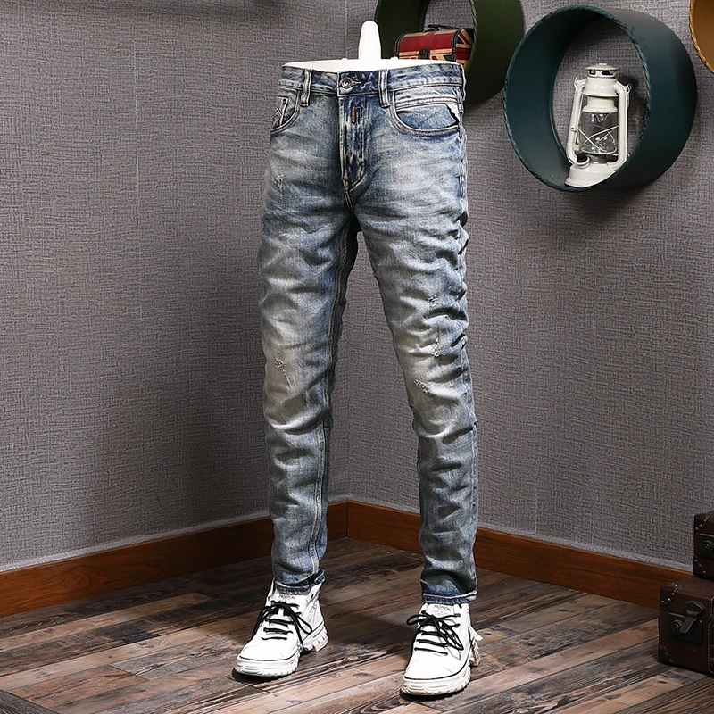 Jeans da uomo firmati di moda di alta qualità retrò blu elasticizzato elastico Slim Fit Jeans strappati pantaloni da uomo pantaloni Vintage in Denim Hombre