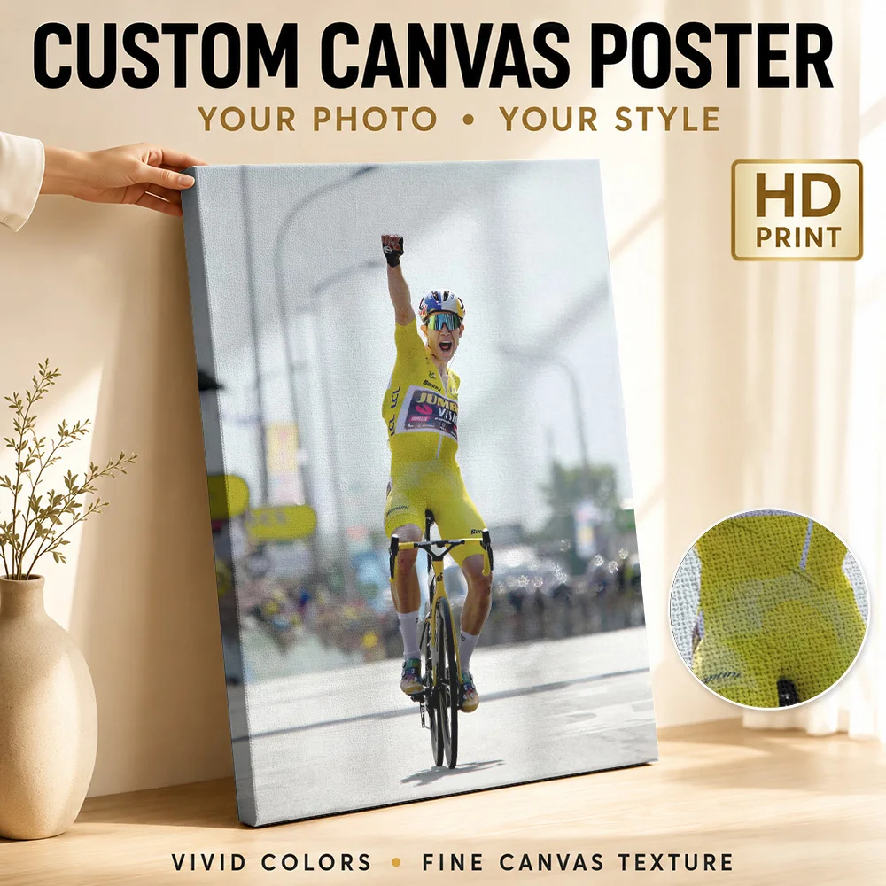 Cyclist in Yellow Jersey Celebrates Victory Canvas Poster Customized Photo Sports Portrait Canvas Wall Art for Game Room Decor