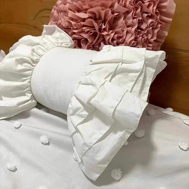 White Lace Ruffle Cushion Decorative Bedding Pillow INS Cute Bow Cushions Solid Color Princess Seat Chair Sofa Throw Pillows