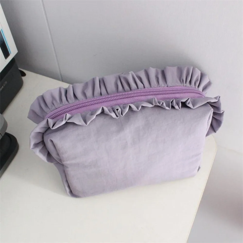 Sweet Solid Color Ruffle Makeup Bag Nylon with Zipper Cosmetic Cases Korean Style Large Capacity Toiletry Organizer Travel