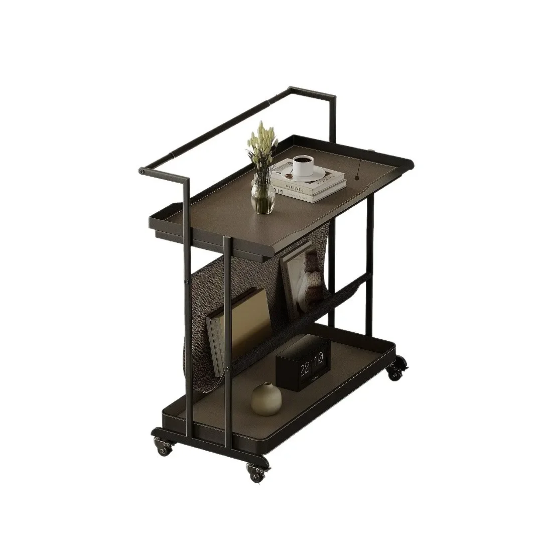 

Saddle Leather Sofa Side Few Light Luxury High-end Sense Movable Trolley Rack