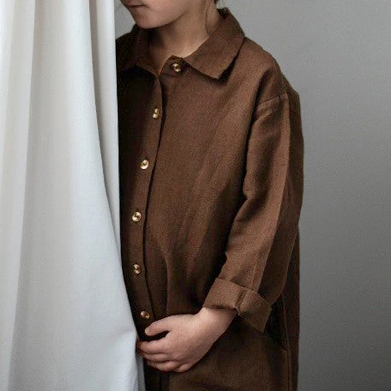 Autumn Retro Brown Cotton Linen Girls Dress 2024 New Baby Girl Lapel Button Hem Drawstring Shirt Dresses