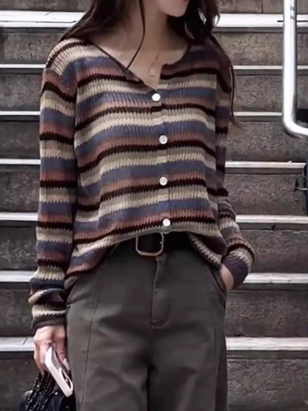 V-Ne Gebreide Trui Dames Plus Size Streep Kleur Blo Vintage Sle Lange Sve Open Vest Vrijetijdskleding Herfst Top