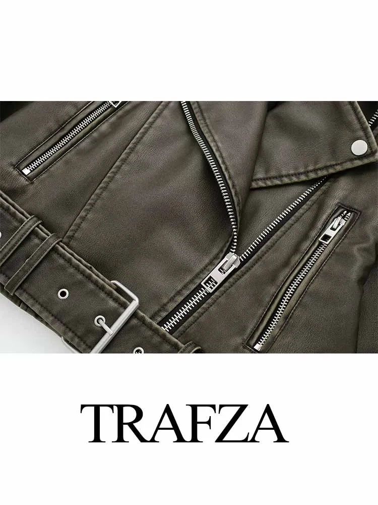 TRAFZA Women\'s Spring Black Fashion Imitation Leather Jacket European Style+Polo Collar Long Sleeve Pocket Zipper Belt Style