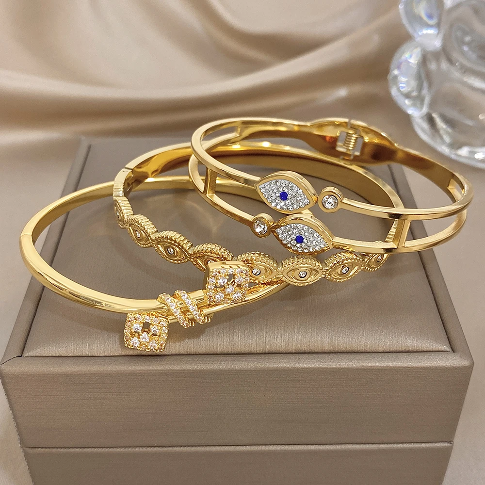 Teufelsauge Strass-Dekoration Manschetten-Armreif Modisches Edelstahl Doppelreihiges Ausgehöhltes Vielseitiges Damen-Armband