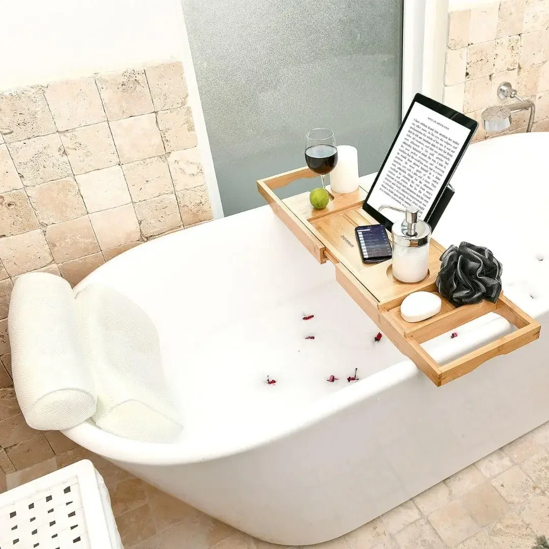 

Bath Pillow and Bathtub Tray Set for Tub | Luxurious, Relaxing Home Spa Accessories with Bath Tub Pillows for Head and Neck, Fol