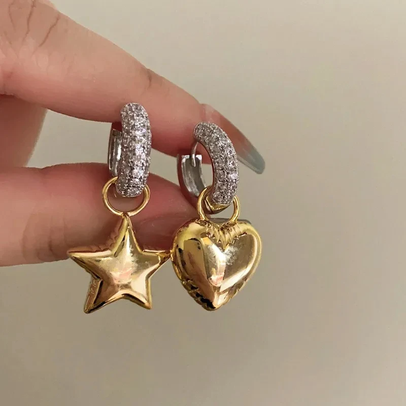 New Vintage Asymmetric Zircon Heart Star Hoop Earrings for Women Luxury Micro Inlaid Crystal Gold Silver Color Earrings Jewelry