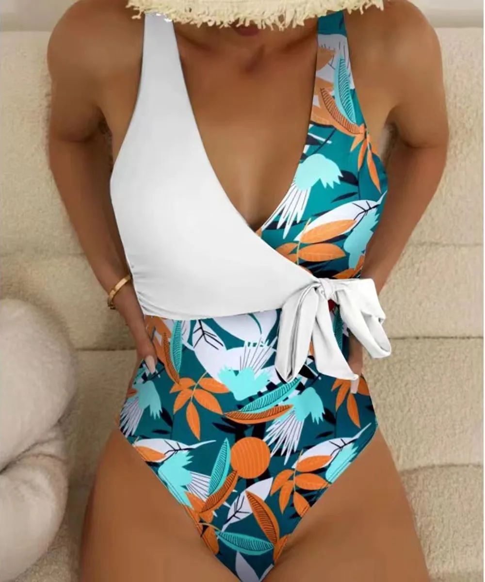 Sexy Print Swimwear Women Patchwork One Piece Swimsuit 2024 Sport V-neck Backless High Waist Bathing Suit Women Beach Wear Swim