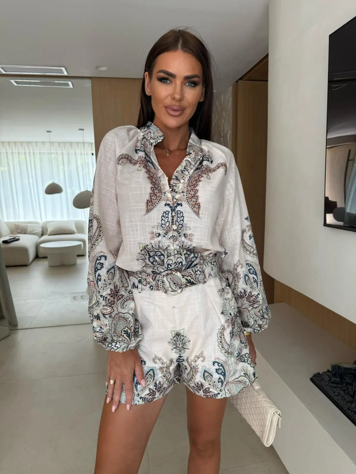 أزياء زهرة طباعة قطعتين مجموعة فضفاضة عالية الياقة طويلة الأكمام زر قميص عالية الخصر السراويل مجموعة أنيقة المرأة ركاب البدلة