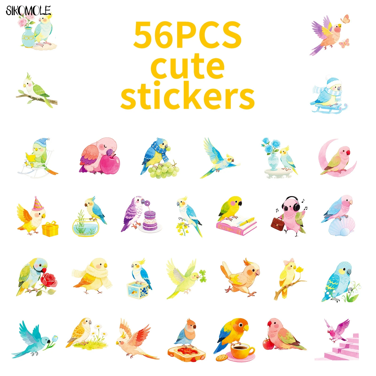 10/30/56 Uds. Pegatinas de loros de estilo de dibujos animados bonitos pegatinas estéticas Kawaii pequeño pájaro DIY portátil guitarra monopatín pegatina de Graffiti