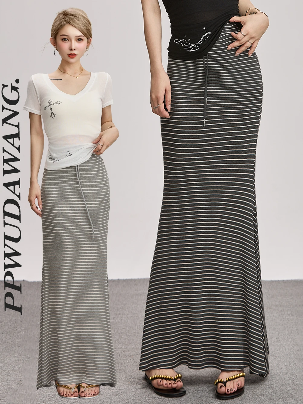 

PPWUANG ey Stripe ter Ne Dr Women's Faionable Unique Beautiful Summer Long Skirt High Waist Fi Tail
