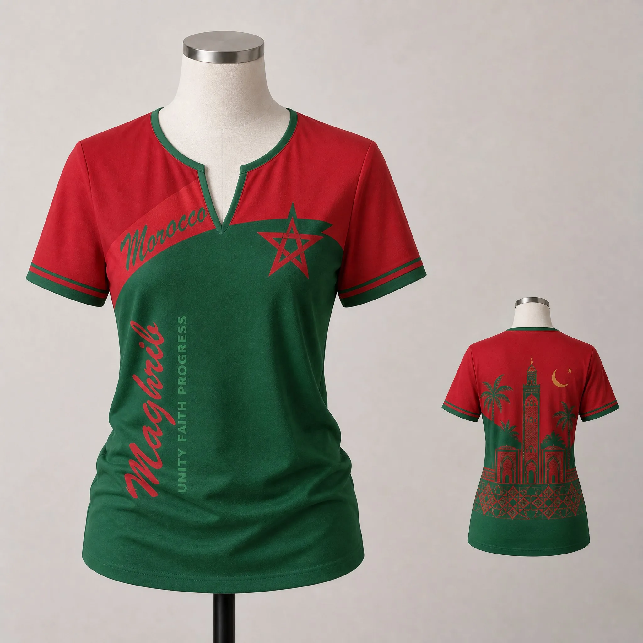 Womens V Neck Short Sleeve Morocco T Shirt Red Green Crest Arch Graphic Casual Summer Tee Soft Breathable Daily Wear Summer Wear