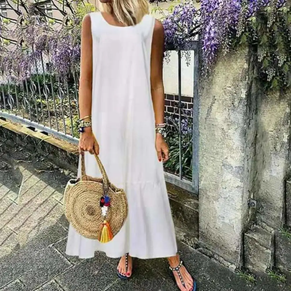 Summer Sundress 2021 Women Retro Long Maxi Dress Celmia Sleeveless Casual Loose Pleated Shirt Vestidos Robe Femme