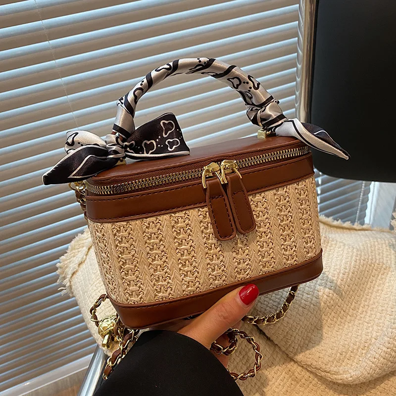

​​2025 New Woven Straw Bucket Bag Summer Chain Crossbody Purse for Women Niche Designer Tote Elegant Boho Chic Handbag