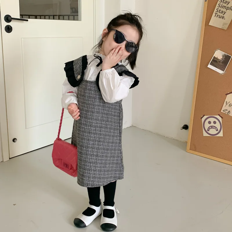 

Korean Set Children's Spring and Autumn New Sweet Plaid Strap Dress and Shirt Two-Piece Set for Girls