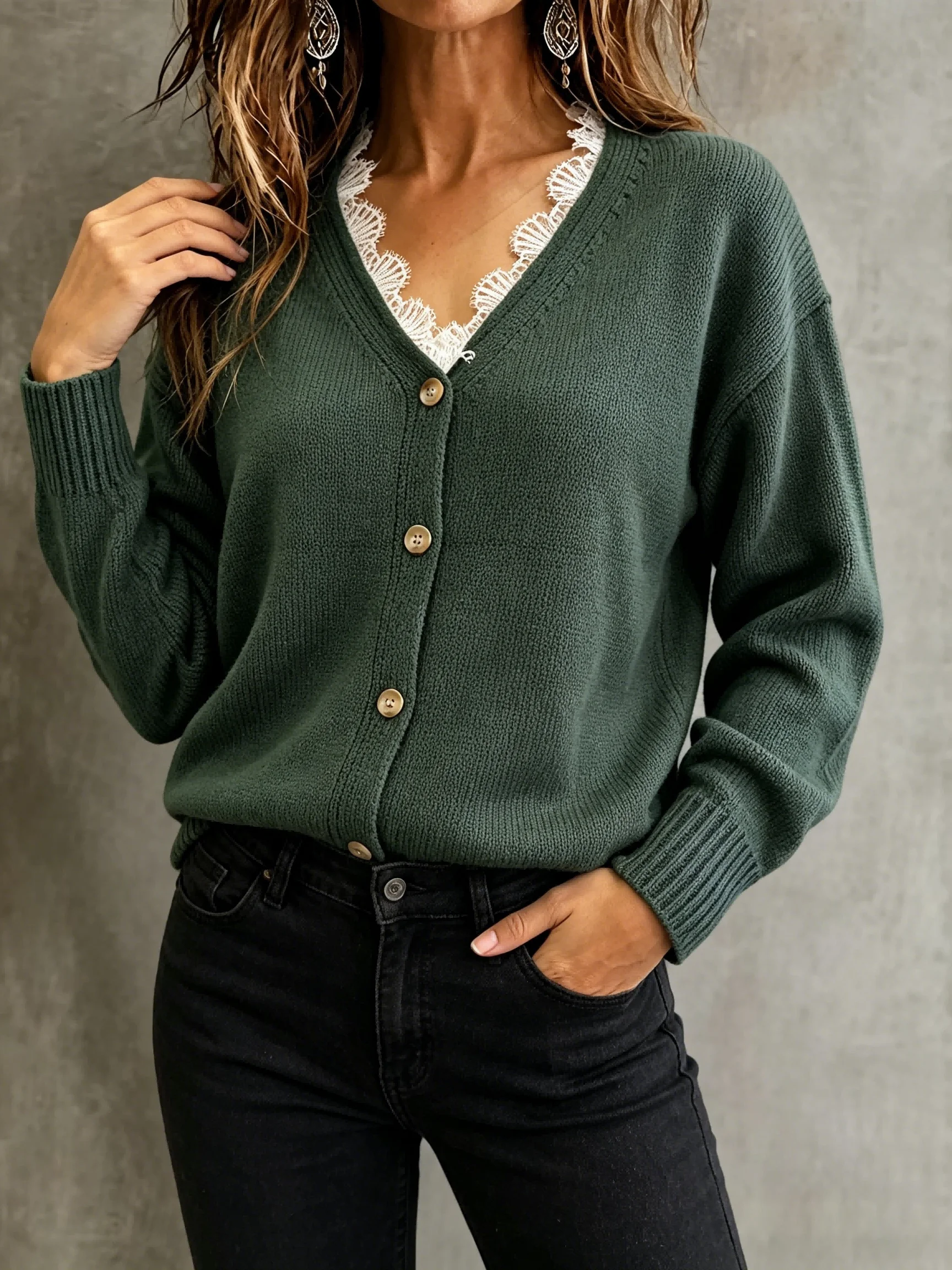 Women Lace Trim Cardigan Sweater Dark Green V Neck Button Down Long Sleeve Knit French Chic Retro Top Autumn Winter