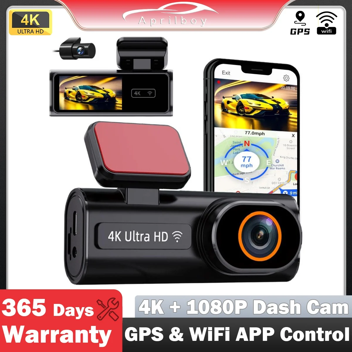 

Aprilboy K6 WIFI Видеорегистратор 4K Мини-автомобильный видеорегистратор с двумя объективами спереди и сзади с 1080P Черный ящик Камера ночного видения Монитор парковки