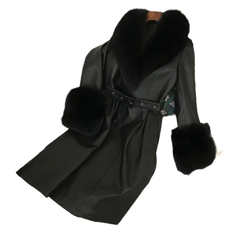 

Новая женская длинная кожаная куртка из овчины с большим воротником из лисьего меха, осенне-зимняя коллекция 2025 года, модная, элегантная, с поясом на талии