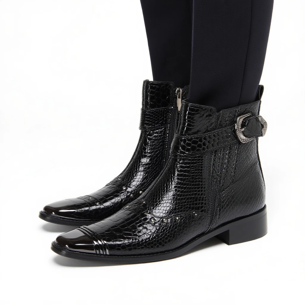 Men's Snake‑Patterned Shiny Short Boots Metal‑Rivet‑Buckle Decor Trendy Personalized Street‑Style Footwear For Club Bar Party St