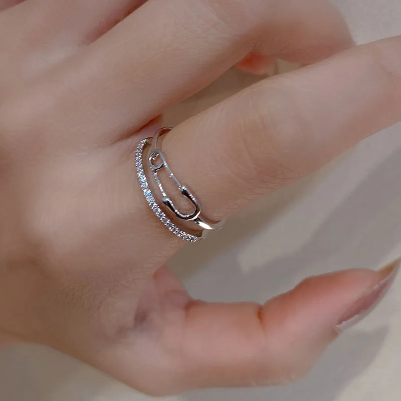 LIVVY Silver Color Pin Open Adjustable  Double Layer Ring  for Women Couple Fashion Shine  Zircon  Jewelry Gifts