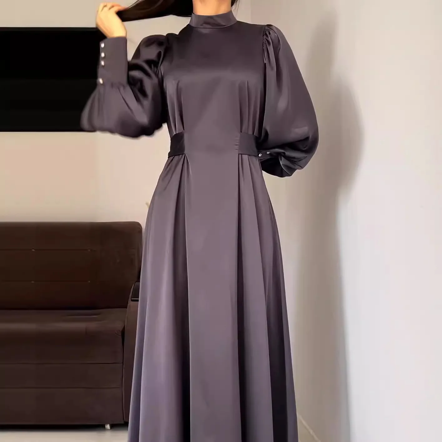 Solid Color Long Sleeve Muslim Dress Women Slim Fit Belt Morocco Party Dresses Ramadan Islam Dubai Abaya Arab Long Dress Vestido