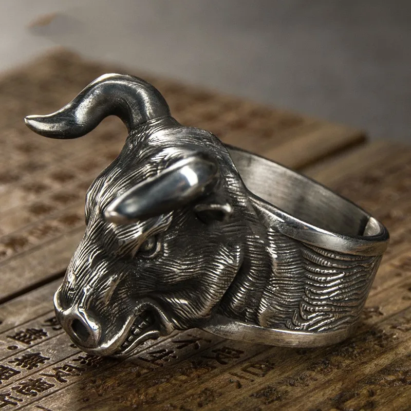 The Ox God Ring in The 12 Zodiac Signs Creative Design Sense of Bull Head National Style Mythical Cow Ring Simple Domineering