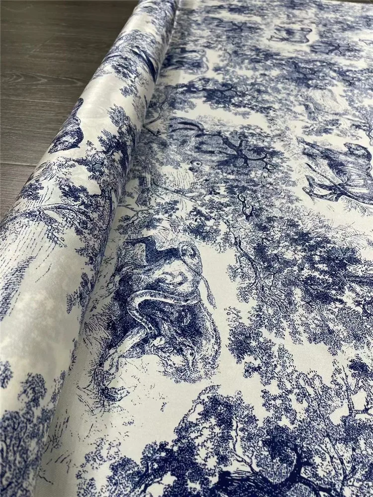 Blue white porcelain elastic twill Satin silk fabric shirt dress printed of animals family Stretch Fabrics Sewing Cloth by Meter