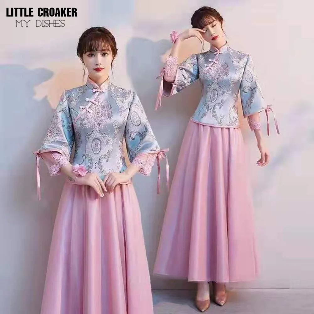 Chinese Style Vintage Button Bridesmaid Wedidng Dress Cheongsam Women Collar Embroidered Chinese Traditional Clothes for Women