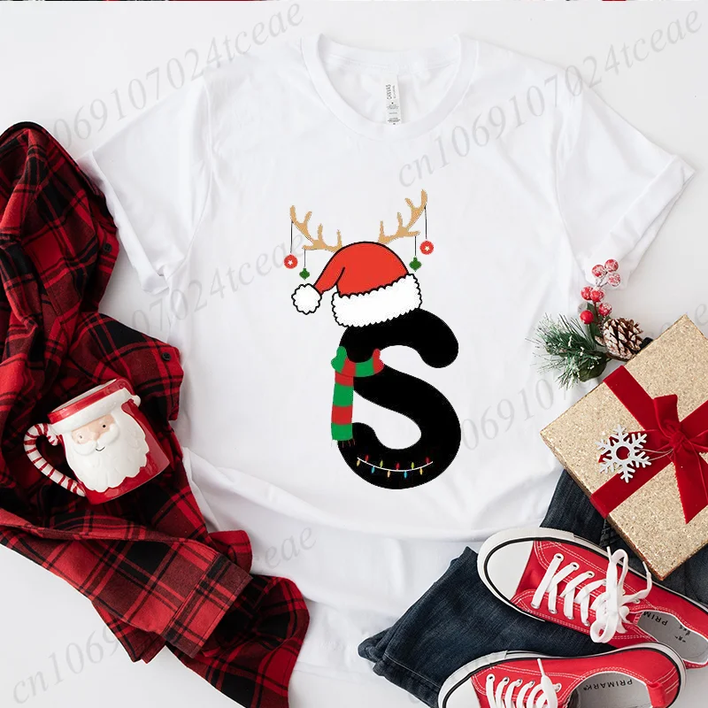 

Женские рождественские футболки с алфавитом, рождественские футболки, топы с короткими рукавами, праздничная одежда, рождественская модная футболка с монограммой, унисекс